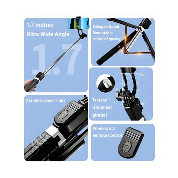 BD-17 1700mm Long Wireless Selfie Stick & Tripod Stand with Bluetooth Remote – Foldable, Extendable Monopod for Smartphones - Image 3