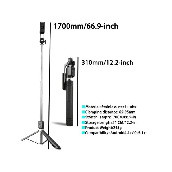 BD-17 1700mm Long Wireless Selfie Stick & Tripod Stand with Bluetooth Remote – Foldable, Extendable Monopod for Smartphones - Image 2